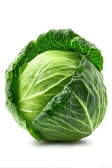 Obraz premium Fresh green cabbage with smooth tightly packed leaves isolated on a pure white seamless studio background