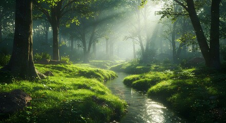 Fototapeta premium Serene Forest Stream in Morning Light 