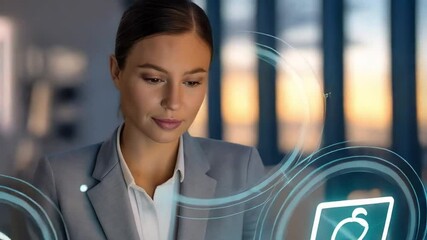 Businesswoman works on laptop with contact and communication icons overlaying, a modern office workplace setting - Powered by Adobe