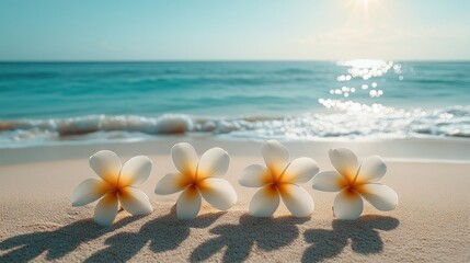 Fototapeta premium Four plumeria flowers on a sunny beach. Ocean waves gently lap the shore