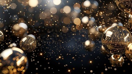 Disco gold ball with rays on black dark background with copy space. Dance party. mirror ball reflections, nightclub stage lights and party. Glowing ball for entertainment, sparkling effect lighting