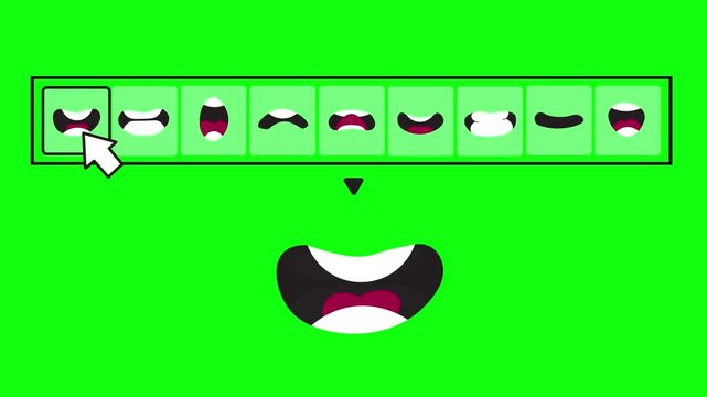 Cartoon style mouth sync collection, beautiful mouth selection animation sync, mouth lips talking, arrow shift right and left mouth selection sync, green screen