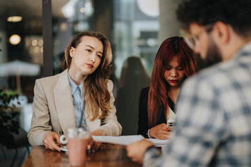 Collaboration among diverse professionals during a work meeting in an informal office atmosphere,...
