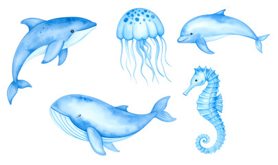 Obraz premium A collection of blue marine animals illustration.