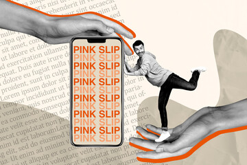 Full 3d zine pop trend collage of happy employee businessman stand hands phone screen pink slip...