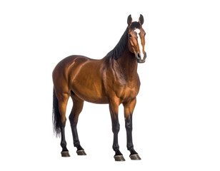 Obraz premium A powerful bay horse with a distinctive white blaze stands confidently, showcasing its athletic build.