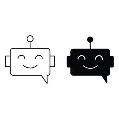 Happy robot chatbot face speech bubble icon set with antenna in flat and outline minimal style vector illustration.