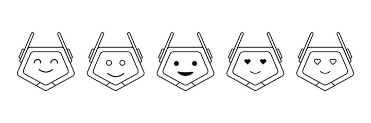 Friendly robot emoticon expression avatar icon set with antenna and smiling chatbot face in linear minimal style vector illustration.