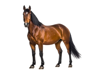 Naklejka premium A majestic bay horse with a distinctive white blaze stands poised and powerful, looking directly forward.