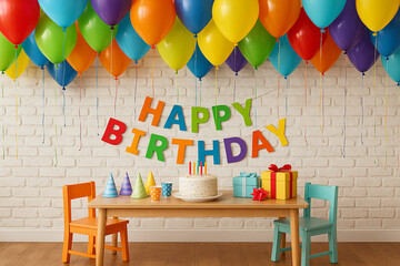 Colorful birthday celebration with balloons cake and gifts image