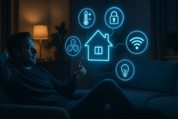 Man controlling smart home technology with glowing interface image