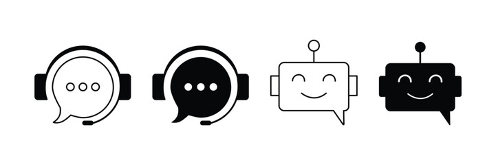 Chat assistant customer support robot head bubble icon vector illustration set with speech bot symbol in minimal outline solid style.