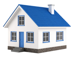 A charming miniature house with a bright blue roof and crisp white walls stands invitingly.