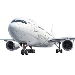 Sleek white commercial airplane is shown against a transparent backdrop, perfect for aerospace industry illustrations and travel-related design projects, transparent background