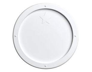 Modern white round insignia displaying a clean star shape and four small decorative points.