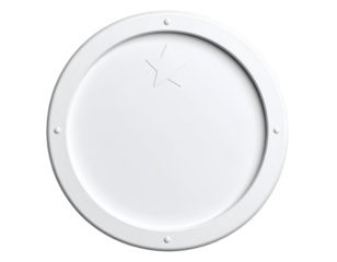 Modern white round insignia displaying a clean star shape and four small decorative points.