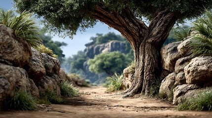 A grove of olive trees with gnarled trunks and dry, cracked earth beneath them. 