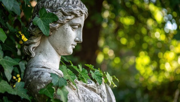 Naklejki Serene statue of a classical figure partially covered in ivy, surrounded by lush greenery