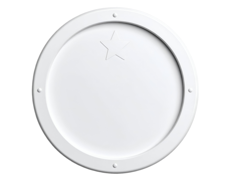Modern white round insignia displaying a clean star shape and four small decorative points.