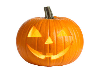 A cheerful glowing pumpkin, expertly carved with a traditional happy face, celebrates the spooky season.