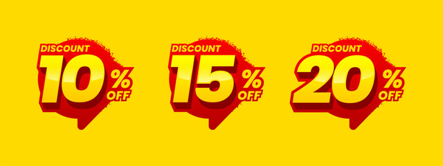 Set of discount label vector illustration, sale banner for promotional 10% off, 15% off, 20% off special offer with 3D style tag sticker design element	