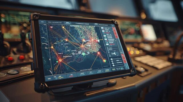 Rugged tablet computer displaying a real time navigation map with highlighted routes and points of interest, enhancing maritime operations in a modern ship's control room