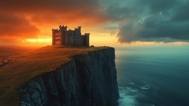 A castle is perched on a cliff overlooking the ocean. The sky is orange and the water is blue