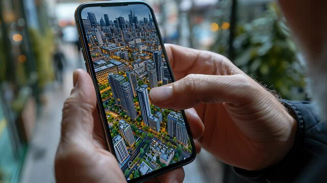 A man is holding a cell phone and looking at a city view. Concept of awe and wonder at the vastness of the cityscape