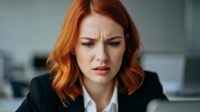 A confused redhead businesswoman looks at her laptop screen with a frown. Business problem or technical issue concept. Use for IT support services, corporate troubleshooting, and financial news