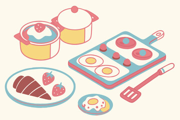 Isometric illustration of breakfast food items including eggs, pancakes, and strawberry desserts