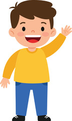 Happy smiling boy waving hand wearing yellow sweater and blue pants cheerful kid illustration