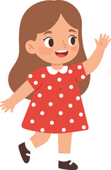 Little girl walking happily in red polka dot dress with brown hair and black shoes cheerful expression smiling waving hand