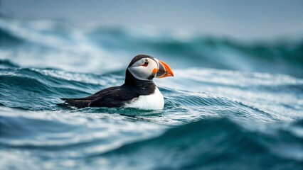 A charming Atlantic Puffin floats serenely on the choppy blue ocean waves, its distinctive colorful beak and expressive eyes standing out against the cool tones of the water