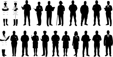 People different occupations standing together vector black silhouettes vector set collection.
