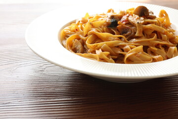 Creamy mushroom Mediterranean Italian Tagliatelle Pasta close up