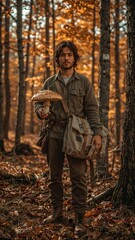A man standing in an autumn forest holding a large mushroom with a shoulder bag on his shoulder