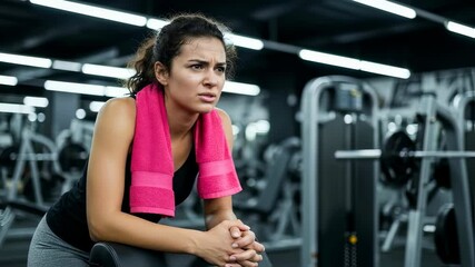 A tired and sweaty woman rests after a hard workout in the gym. Concept of effort, determination and fitness challenges. Use for sports motivation, gym promotion, and personal training services