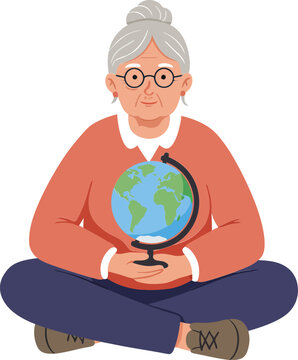 Elderly woman with gray hair and glasses holding a globe sitting cross-legged on white background natural posture