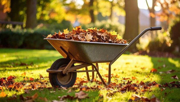 A wheelbarrow filled with colorful autumn leaves in a sunlit garden surrounded by trees