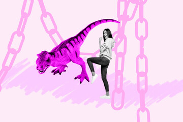 Full 3d art banner collage of happy guy girl stand captive prison trap chain predator dinosaur rex...