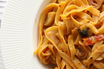 Creamy mushroom Mediterranean Italian Tagliatelle Pasta close up