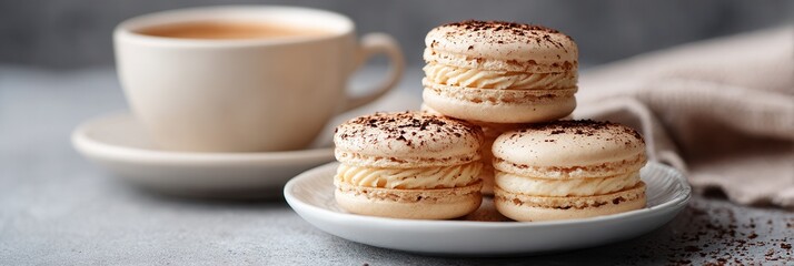 Delicious vanilla macarons with coffee cup on rustic table setting.