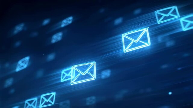 A striking visual of glowing blue envelopes animated against a deep background highlighting the fastpaced essence of contemporary email marketing. The seamless motion of digital email