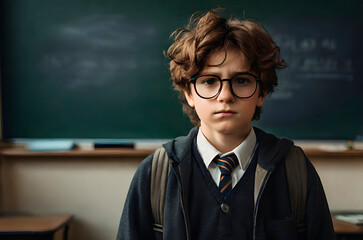 A melancholic schoolboy stands by the chalkboard, his demeanor revealing the struggles and pressures he endures in his educational journey.