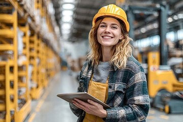 Smiling female warehouse worker using digital tablet, managing inventory