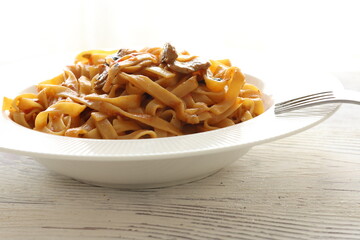Creamy mushroom Mediterranean Italian Tagliatelle Pasta close up