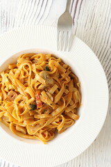 Creamy mushroom Mediterranean Italian Tagliatelle Pasta close up