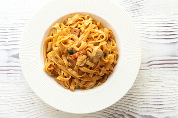Creamy mushroom Mediterranean Italian Tagliatelle Pasta close up