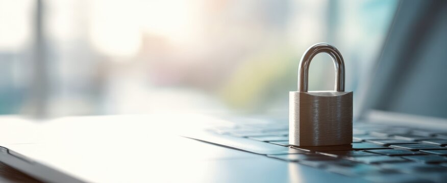 The padlock representing security on a laptop keyboard in a modern workspace.