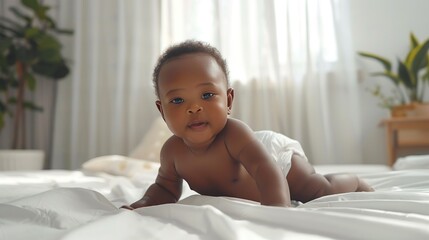 african american baby boy wearing a diaper looking at camera and smiling on white bed at modern bedroom interior. happy childhood and baby care.